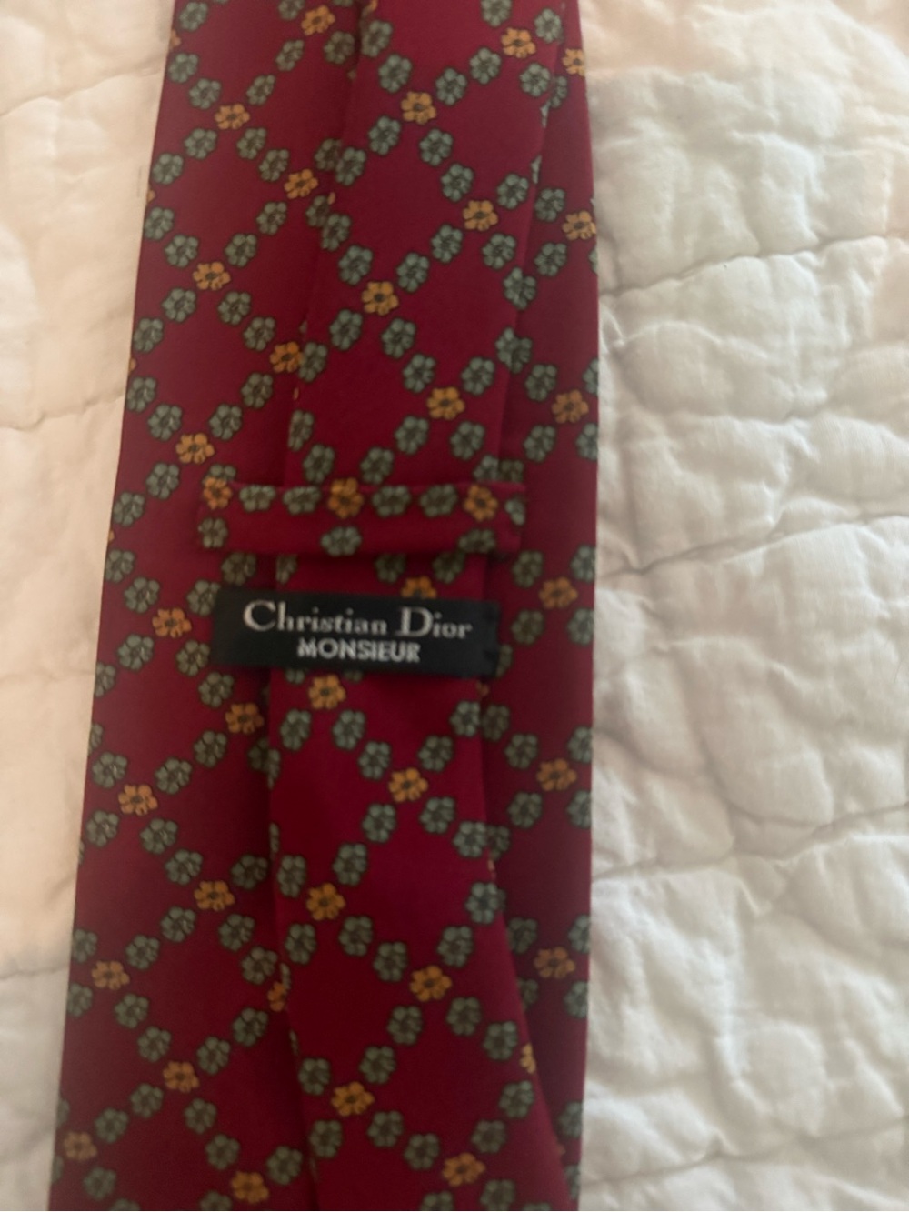 VTG Dior Men's Burgundy Silk Tie with Small Green Geometric Motif